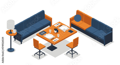 Modern isometric living room with dining area and sofa set