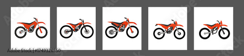 Five sequential panels showing different red dirt bikes against white backgrounds