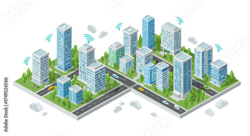 Isometric smart city with skyscrapers, roads, and trees showcasing modern urban design