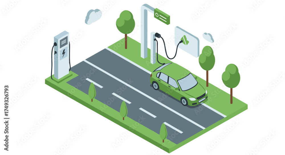 Fototapeta premium Isometric electric car at charging station with green energy concept