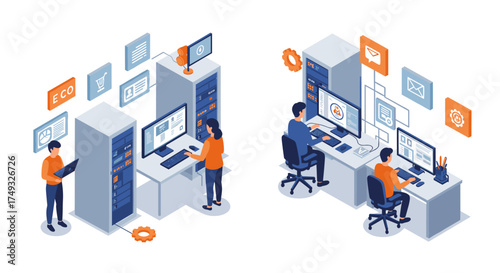 Isometric office data center with employees working on computers and server management