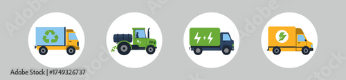 Four circular icons depicting alternative fuel and electric transportation vehicles