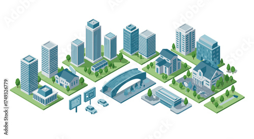 Modern isometric cityscape with buildings, park, and vehicles in urban setting