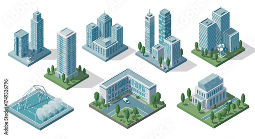 Isometric urban architecture set with modern buildings and green spaces