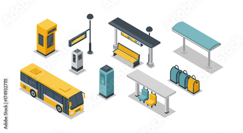 Isometric urban public transport elements in modern style