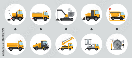 Ten icons of yellow road maintenance and construction vehicles