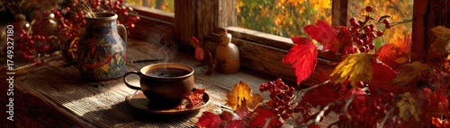 Cozy autumn scene with steaming coffee cups on a rustic ill surrounded by vibrant fall leaves and warm natural light