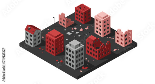 Isometric urban destruction scene with damaged buildings and rubble