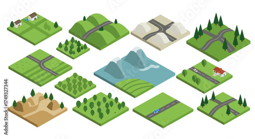 Isometric landscape tiles: diverse terrains and roads in 3d style for design projects