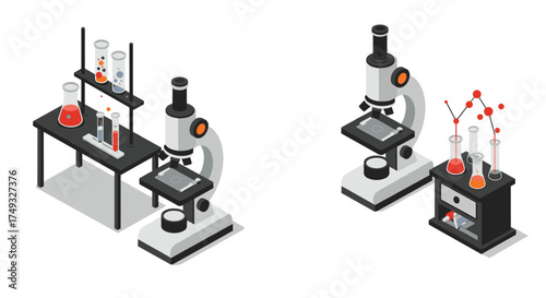Isometric laboratory equipment set with microscopes and chemical glassware