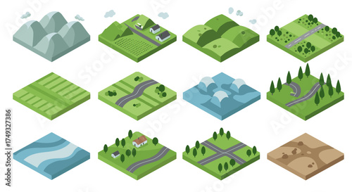 Isometric landscape set with roads, mountains, fields, and forests