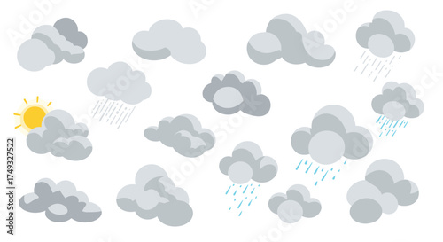 Collection of cartoon cloud designs with sun and rain elements