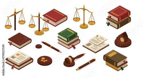 Isometric legal icons set: books, scales, and gavel for judicial themes