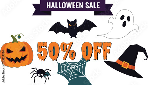 Vector art of halloween sale 50 percent off with scary elements on dark background