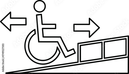 Accessible wheelchair ramp with directional arrows indicating movement in and out of the accessible area