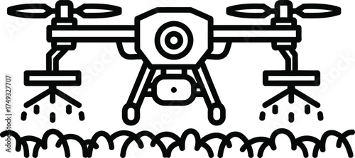 Agricultural drone spraying pesticides or fertilizer over crops in a field for modern farming