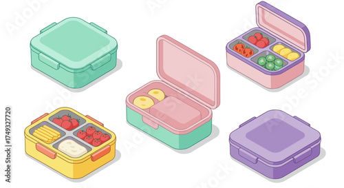 Colorful isometric lunch boxes with healthy meals and snacks in pastel containers