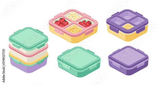 Colorful isometric lunchboxes with compartments for meal prep