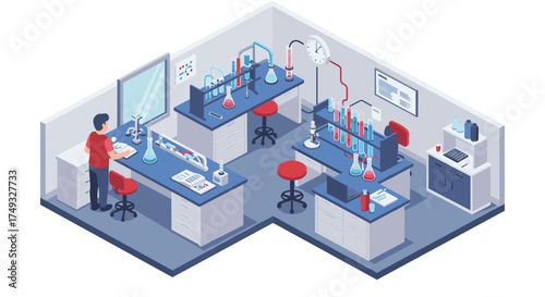 Modern isometric chemistry lab with scientist and equipment
