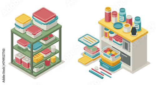 Isometric kitchen storage and container organization setup