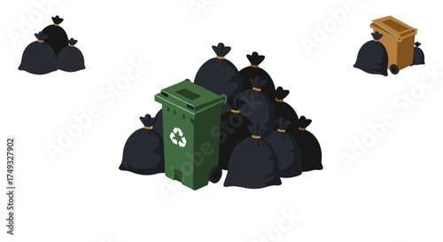 Isometric waste management concept with recycling bin and trash bags