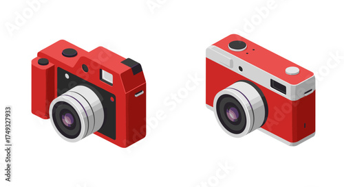 Modern isometric cameras with red and white details for photography enthusiasts