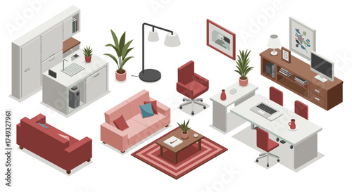 Modern office and home furniture collection with isometric design elements