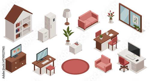 Isometric home office and living room furniture set with modern design elements