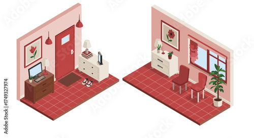Cozy red-toned isometric interior with modern furniture and decor elements