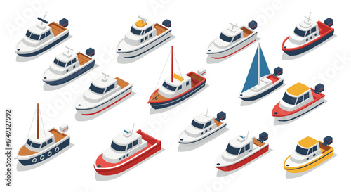 Diverse isometric boats collection with yachts, sailboats, and motorboats