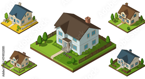 Charming isometric houses collection with lush greenery and detailed architecture