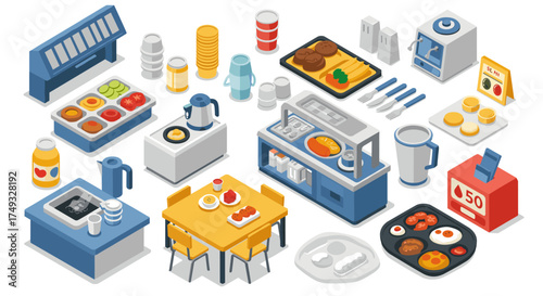 Isometric breakfast buffet with kitchen appliances and dining setup