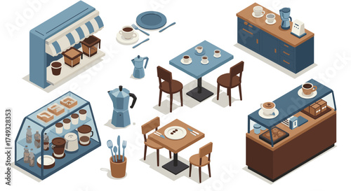 Cozy café elements in isometric style featuring furniture, crockery, and kitchenware