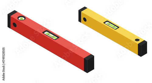 Isometric red and yellow spirit levels for accurate measurements in construction and carpentry
