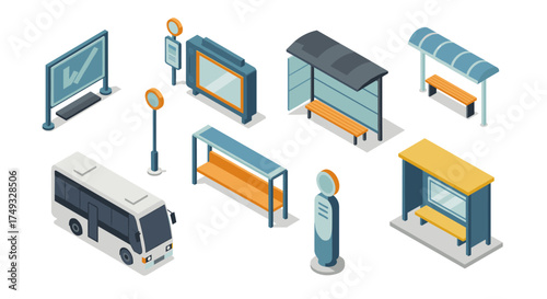 Isometric bus stop elements: urban transport shelters and signage in modern design