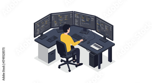 Isometric design of developer at multi-monitor workstation
