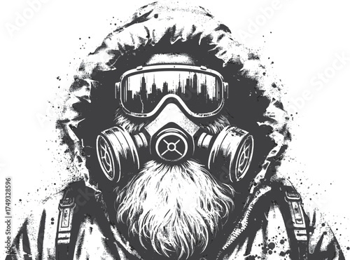  A hooded figure in a protective hazmat suit and gas mask, featuring a beard and goggles, stands with a gritty urban vibe and a city skyline reflected in the lenses