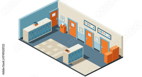 Isometric school hallway with lockers and doors design