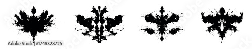 Symmetrical black inkblot collection for psychological analysis and projective testing. Isolated Rorschach test patterns on white background for therapy, diagnosis, design, interpretation, tattoo