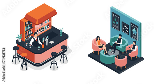 Isometric bar scene with bartender and customers in modern lounge setting