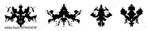 Classic Rorschach inkblot test elements on white. Abstract symmetrical ink stains for psychological projection, therapy sessions, mental health diagnosis, and conceptual art or symbolism design