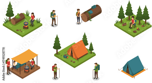 Isometric camping adventure: tents, hiking, and nature exploration scenes