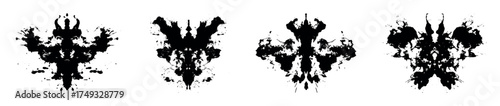 Symmetrical inkblots isolated on white background used in psychological Rorschach testing, psychotherapy, psychiatric evaluation, and emotional expression through abstract ink splash artwork