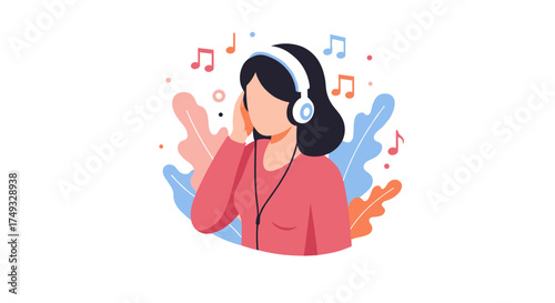 Woman enjoying music with headphones and colorful background elements