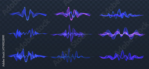 Vector illustration. Set of colorful soundwaves on transparent background.
