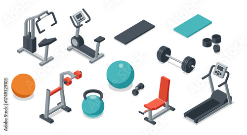 Modern gym equipment in an isometric style for fitness and workout enthusiasts