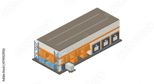 Modern isometric warehouse with loading docks and storage racks
