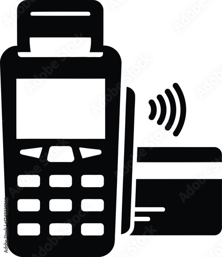 Black and white icon of a credit card reader with a credit card and contactless payment signal