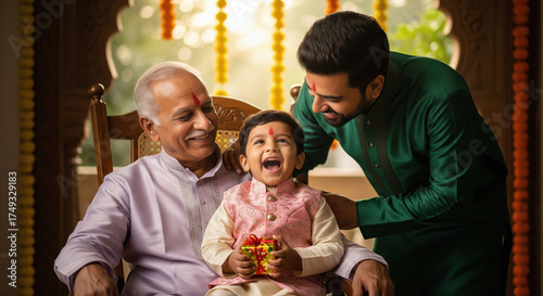 indian generations share a heartfelt moment as a child presents a festive gift to his grandfather surrounded by love and tradition in a warm Indian family