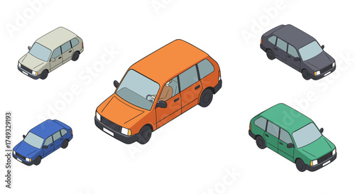 Colorful isometric cars on white background with various designs